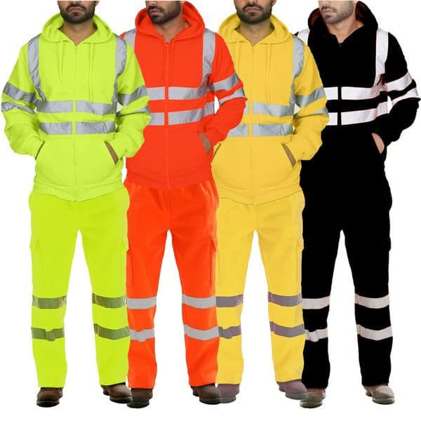 Reflective Suits for Men Long Sleeve Hooded Reflective Strip Hoodie and Fleece Hi Vis Pants Set High Visibility Work Clothes Men
