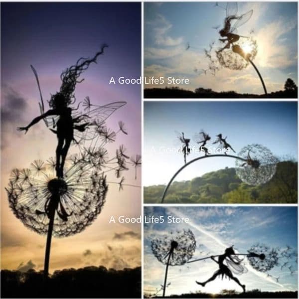 For Garden Yard Dancing Fairy Statue Ornament Metal Steel Wires Miniature Pixies Figurine Dandelion Sculpture Lawn Landscape