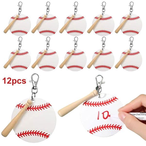 12 Set Baseball Acrylic Keychain with Mini Baseball Bat Baseball Keychain Blanks Kit Acrylic Keyring for DIY Baseball Bag Tag