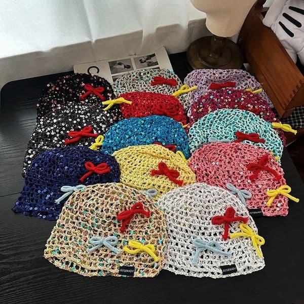 Korean Sweet Bow Sequined Knit Pullover Hat Womens Spring and Summer Y2k Fashion Crocheted Hollow Breathable Skull Beanie Cap 250712