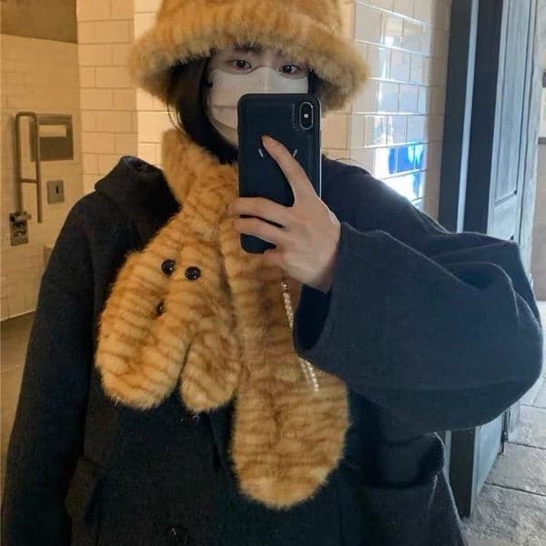 New No. 716 Cute plush tiger ears bear scarf plush women's fisherman hat leopard print warm scarf cartoon