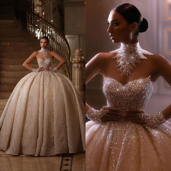 Gorgeous Beaded Crystal Ball Gown Wedding Luxury Beading Strapless Bridal Gowns Arabic Sequined Pearls vestido de novia
