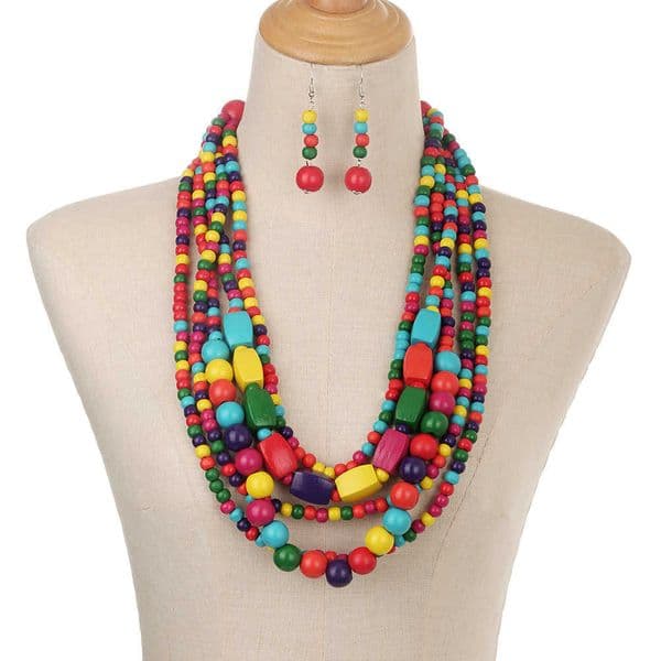 Round Bead Geometric Wooden Block Necklace Multi-layer Ethnic Style Sweater Chain Jewelry Necklace 250715