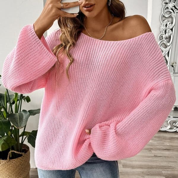Traf Mujer WomenS Pullover Sweater Top Loose One Line Neck Off Shoulder Flare Sleeve Sweater Ropa Para Mujer Tops For Women 250708