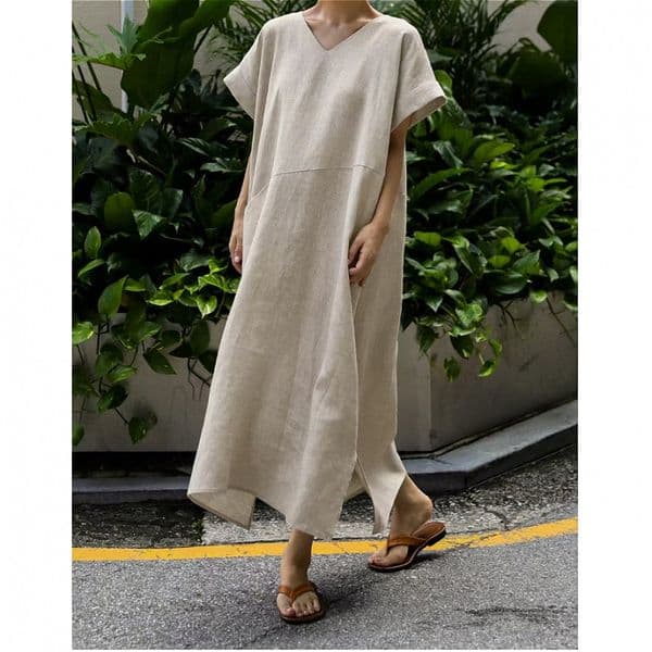 203 Summer Japanese new large size retro V-neck Korean style simple solid color loose casual dress mid-length