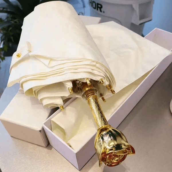 Fashion designer umbrella, luxurious gold rose handle, white framed folding umbrella