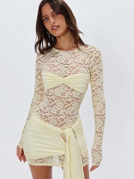 JULISSA MO Patchwork Sexy Sheer Lace Bandage Women Dress Black Long Sleeve Round Neck Dress Summer Skinny Elegant Party Clubwear 250715