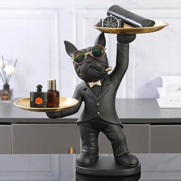 Bulldog Statue Table Decoration Wood Shelf Dog Room Interior Animal Sculpture Home Decor with 2 Metal Trays 250715
