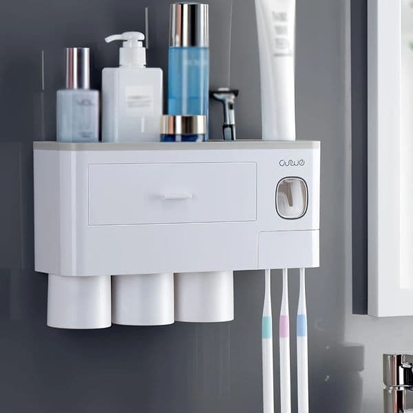 Toothbrush Holders for Bathrooms White Plastic WallMounted Holder with Toothpaste Dispenser Cosmetic Drawer and 250716BJ