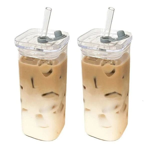 1Pcs Square Heat Resistant Coffee Glass Cup With Lid and Straw Transparent Milk Tea Juice Cups Coffee Mug For Home Bar Drinkware 250715