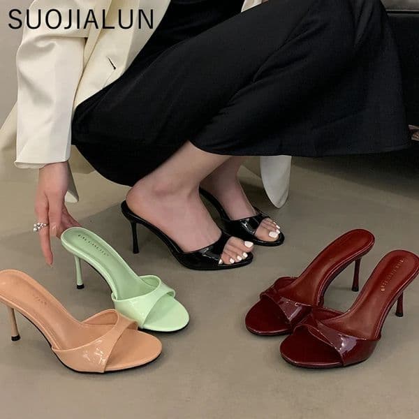 SUOJIALUN Summer Women Slipper Fashion Open Toe Slip On Slides Ladies Elegant Thin High Heel Dress Pumps Slides 250714BJ
