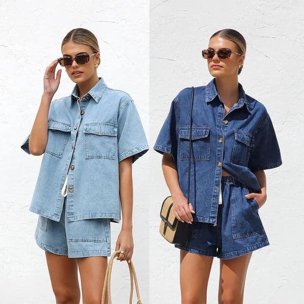 Women 2pcs Clothes Set Denim Short Sleeve Jacket Coat Shirt High Waist Shorts Pants Jeans Sexy 250714BANJIA