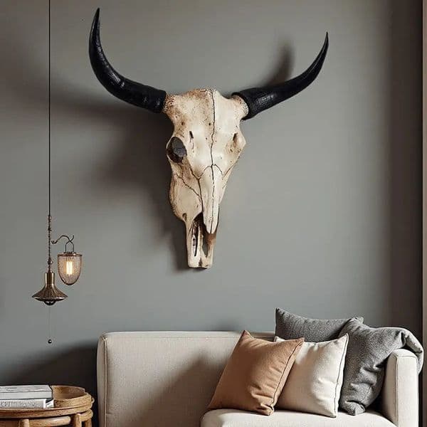 Vintage Resin Statue Cow Horn Skull Art Crafts Ornament Wall Hanging Bull Animal Head Sculpture Home Office Decor 250711