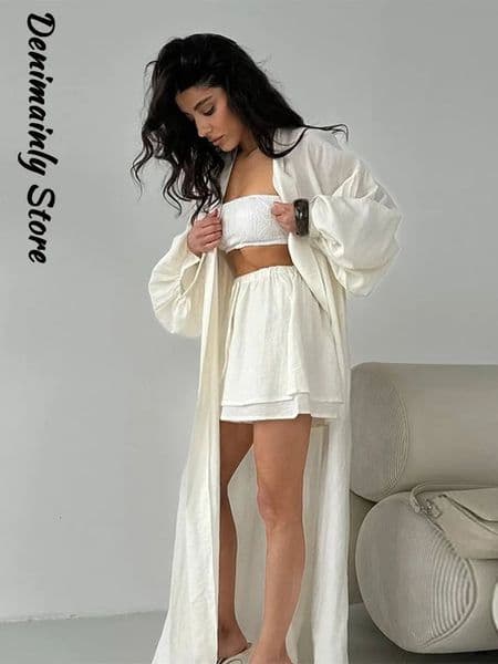 Fashion Women Long Cardigan Shorts Set BalloonSleeved Lace Up Short Pants Solid Sets 2025 Summer Lady Elegant 2 Pieces Suit 250714