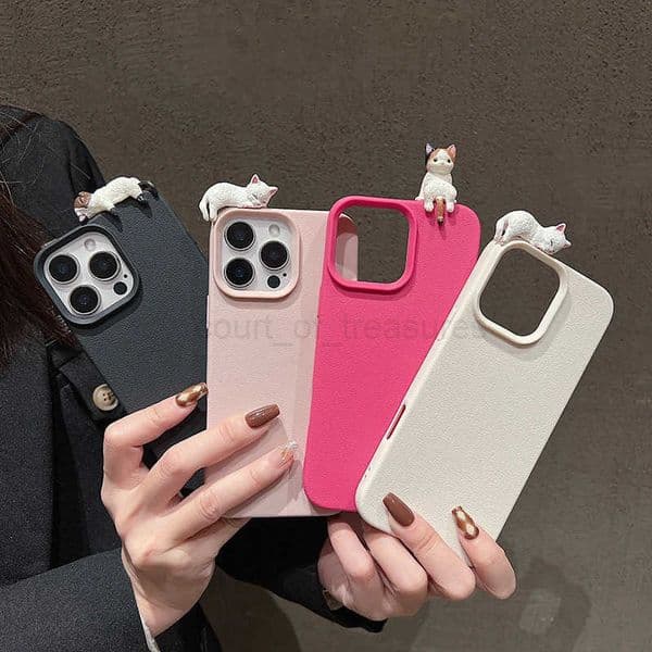 3D Cartoon Cute Lying Cat Lychee Pattern Leather Phone Case For iPhone 16 15 14 13 12 11 Pro Max Plus X XS XR Lovely Soft Cover M250716
