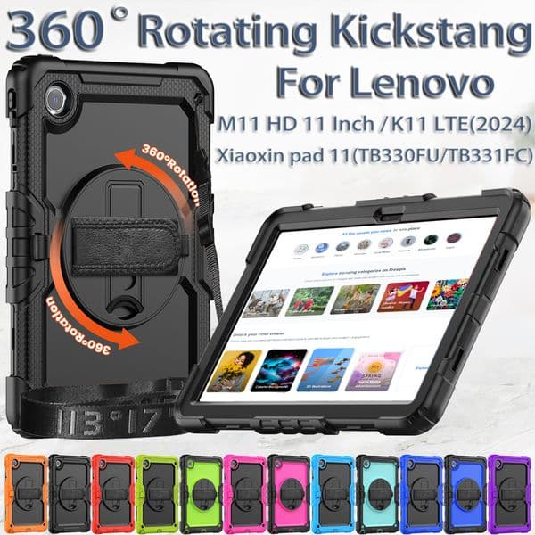 For Lenovo Tab M11 HD 11"/K11 LTE Tablet Case Hand Strap 360 Rotating Kickstand Cover Heavy Duty Rugged Shockproof Kid Safe Cases with Shoulder Strap + Screen Protector