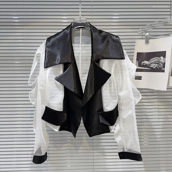 Women's Jackets 2025 Spring Summer Color Matching Perspective Mesh Splicing Lace Long Sleeve Jacket Short Female Coat Fashion Tops