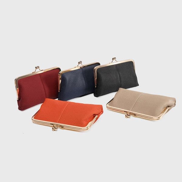 Clip Handheld Women Genuine Leather Simple Long Clutch Wallet Gold Clasp Storage Bag Large Capacity