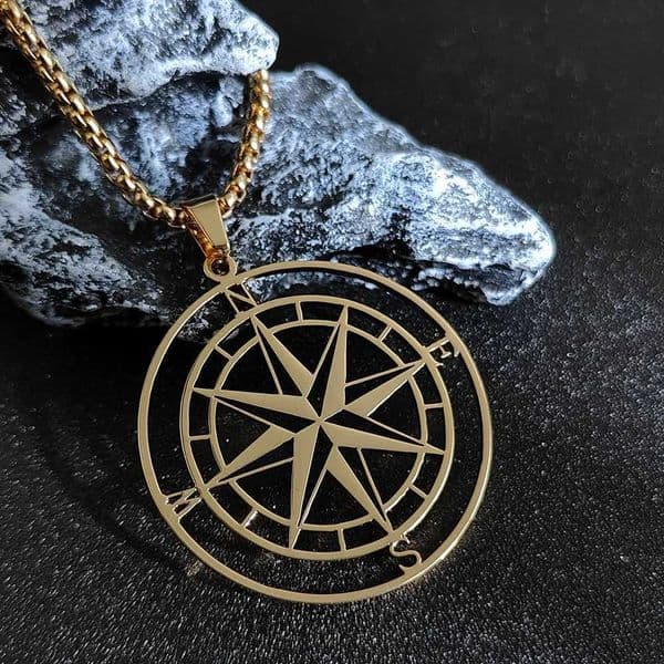 Gold Color Mens Compass Necklaces Vintage Viking North Star Anchor Medal Stainless Steel Pendant for Male Boyfriend Dad Gift W250528