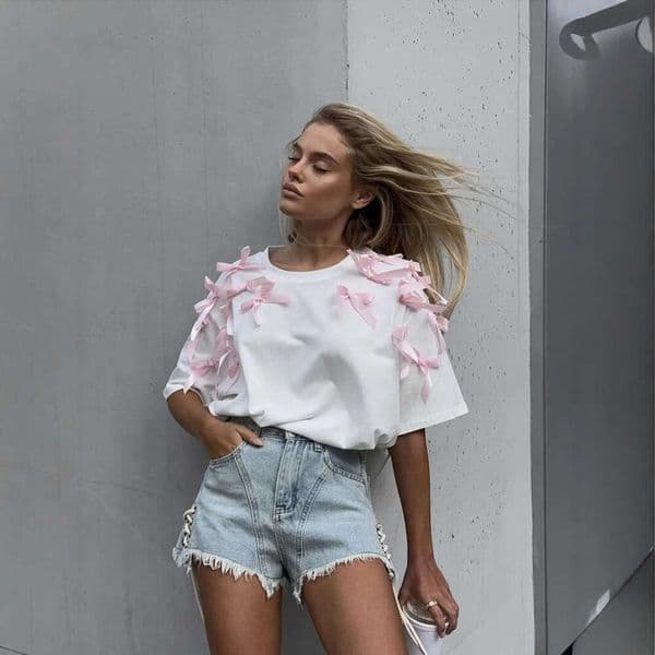 Cute Girl Ribbon Bow Short Sleeve T-Shirt Ins Style Loose Cotton Casual Top B5