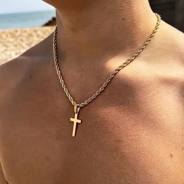 Stainless Steel Cross Pendant Necklace for Men Boys 18K Gold Plated Silver Simple Twisted Chain Fashionable Jewelry Beach Party 250717