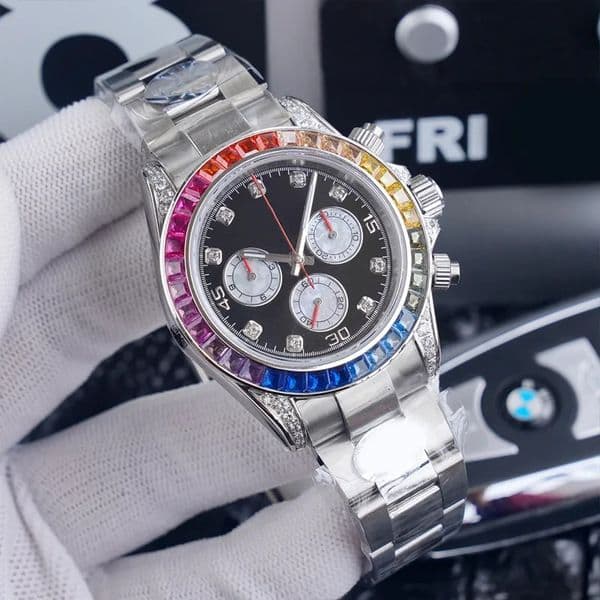 Designer Mens Watch Rainbow Sugar Diamond Bracelet High Quality 904L Silver Stainless Steel Strap Watch Multi functional Timer Dial Wristwatch jason007