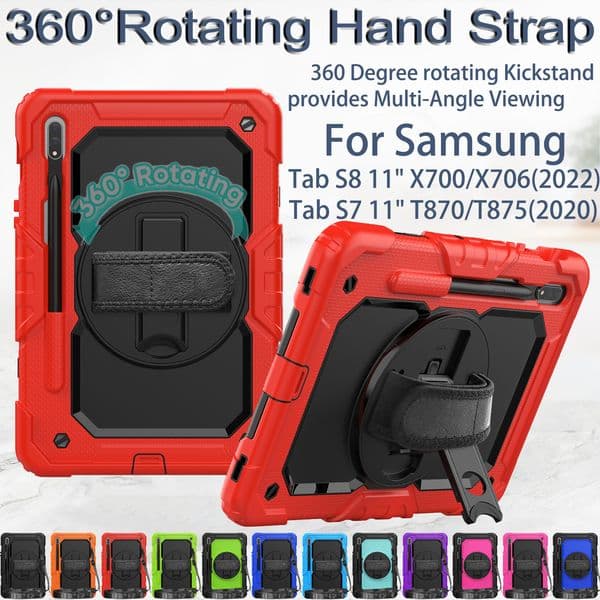 Case For Samsung Galaxy Tab S9 S8 S7 S9FE 11 inch 360 Rotation Hand Strap Stand Armor Tablet Cases Heavy Duty Rugged Shockproof Silicon + PC Full body Protective Cover