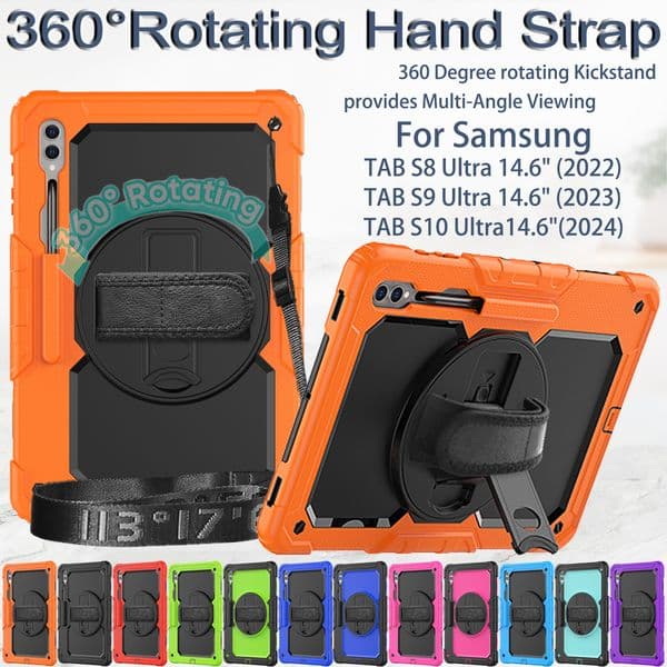 Hybrid Shockproof Case for Samsung Galaxy Tab S10 S9 S8 Ultra 14.6 inch Rotating Hand Strap Stand Tablet Cover with Pencil Holder + Screen Protector Shoulder Strap