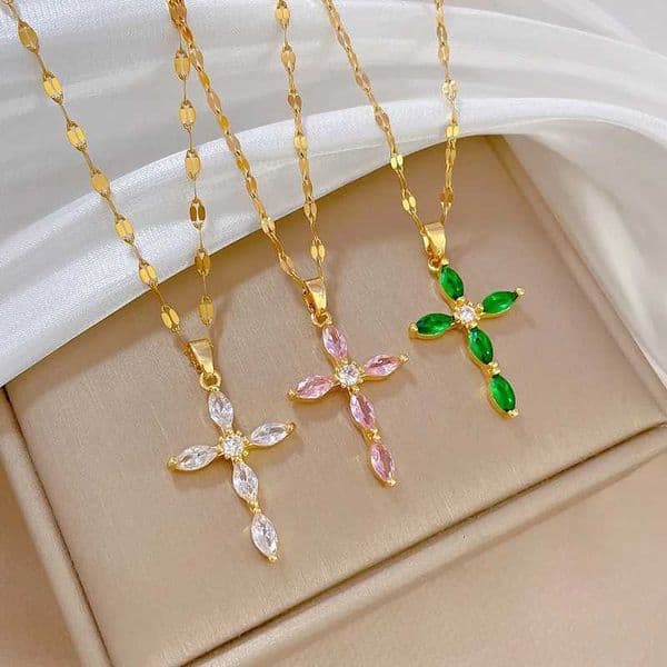 Stainless Steel Simple Stylish Cross Shape Women Pendant Necklace Colorful Stone Crystal Shiny CZ Female Fashion Jewelry Gift W250528