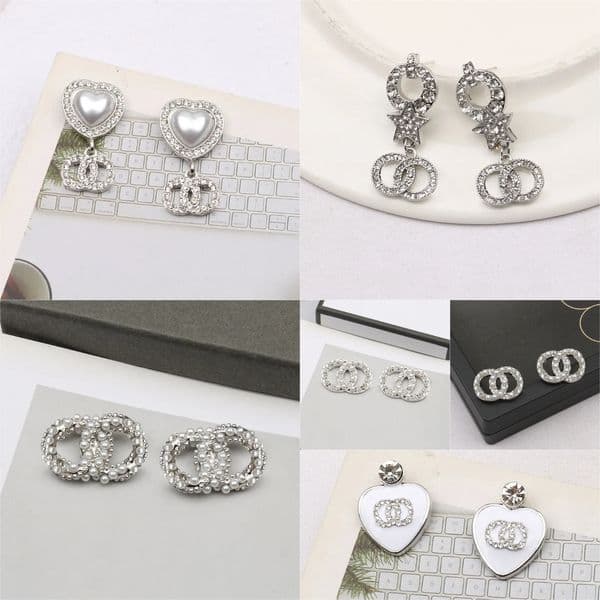 Women Crystal Earring Simple 925 Silver Classic Letter Ear Stud Famous Geometry Round Rhinestone Pearl Long Earrings Bride Wedding Party Jewerlry Gifts