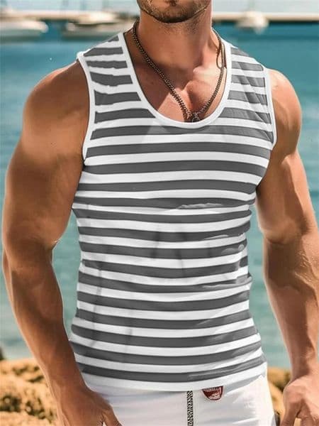 Mens Retro Stripe Graphic Tank Tops Fashion Summer Sleeveless Casual 3D Printed Vest Loose Quick Dry Breathable Tees Pullovers250714BJ