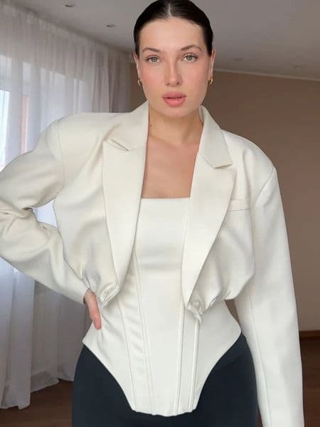 Two Piece Set Fishbone Strapless Vest Top Suit Short Jacket Solid Color Slim Fit Fashion Women Tank Blouse Waist Cinched Coat 250715