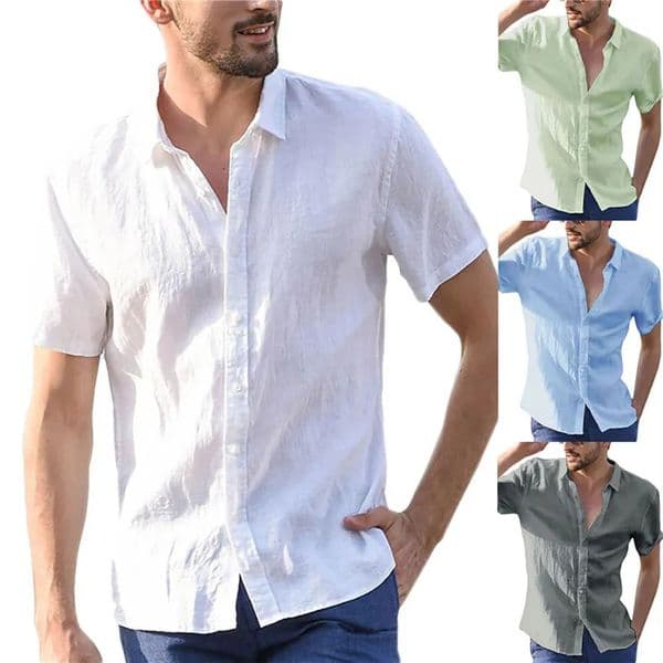 Summer Cotton Linen Shirts For Men Casual Short Sleeved Shirts Blouses Solid Turn-Down Collar Formal Beach Shirts Male Clothing250714BJ