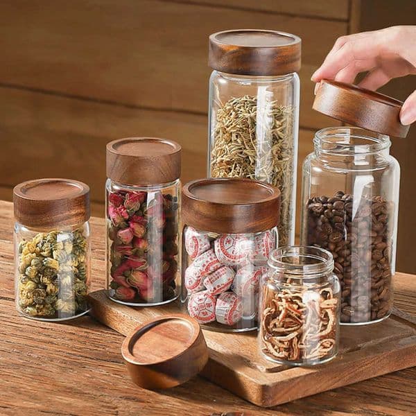 High Borosilicate Glass With Lids Storage Tank Acacia Wood Miscellaneous Grain Sealed Can Storage Pots Split Bottle Spice Jars M250718