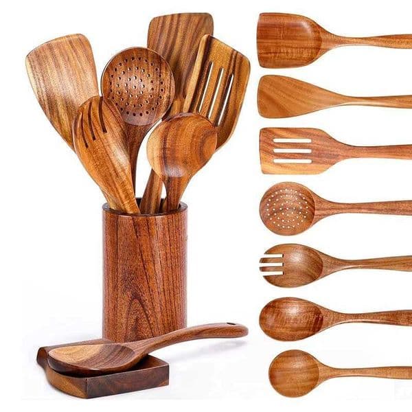 Wooden Spoons For Cooking Wooden Utensils For Cooking With Utensils Holder Teak Wooden Kitchen Utensils Set XJ250718