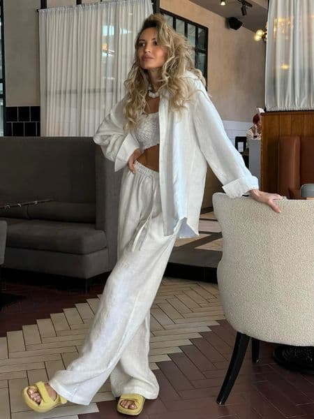 Solid Cotton Linen Drawstring Waist Pants Set Women Fashion Casual Single Breasted Lapel Loose Shirts Suit Female Holiday Outfit 250715