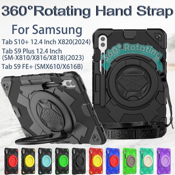 Cases for Samsung Galaxy Tab S10+ X820 S9FE+ X610 S9+ X810 12.4 inch Full Body Rugged Protective Armor Cover with 360° Rotatable Hand Grip Folding Handle & Shoulder Strap