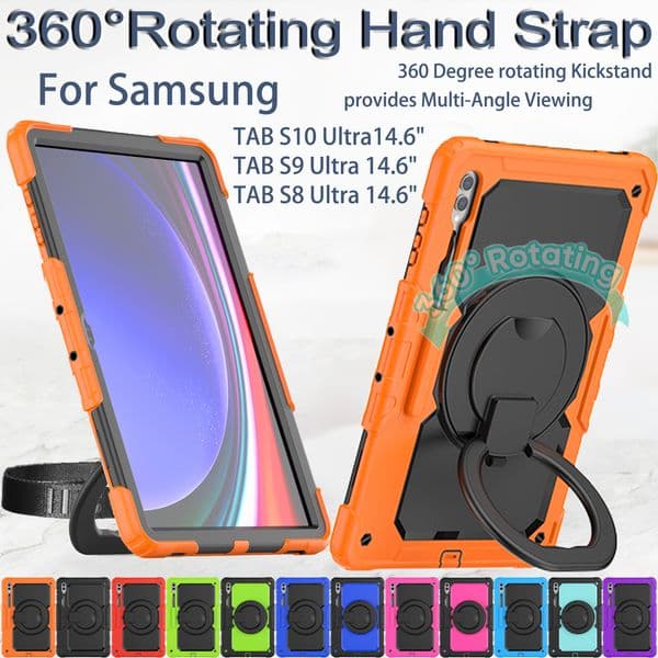 Heavy Duty Shockproof Cases For Samsung Galaxy Tab S10 S8 S9 Ultra 14.6 inch Handle Grip Rotating Stand Rugged Silicone Protective Cover with Shoulder Strap + PET Film