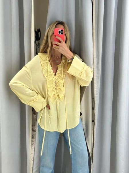 Chic Women Yellow Ruffle Blouse Fashion Long Sleeve V Neck Lace Up Loose Short Tops Spring Lady High Street Daily Shirt 250715BJ