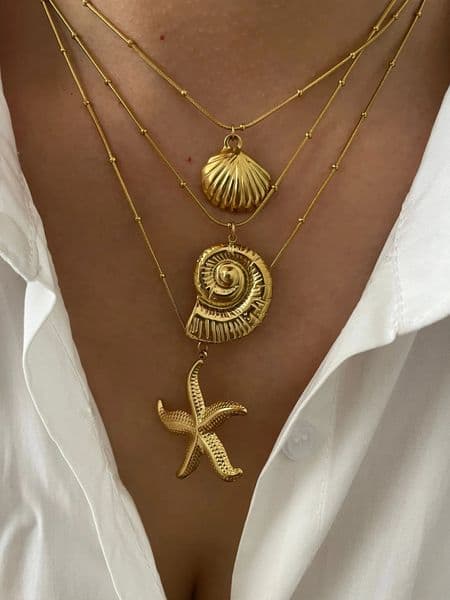 Perisbox Minimalist Starfish Stripe Conch Scallop Shaped Pendant Necklace for Women Waterproof Trend Jewelry Summer Beach Party 250715