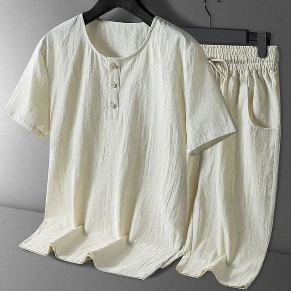 Linen shortsleeve shorts set for men Chinesestyle loose round neck summer fashion casual sportswear 250715