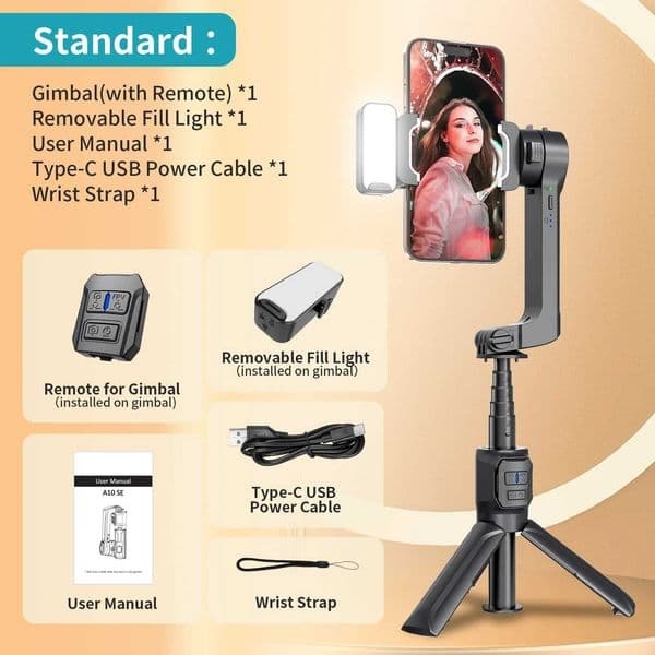 10SE Handheld Gimbal with Fill Light Extension Rod with Smartphone Stabilizer for iPhone Remote for Selfie Vlog X2507191