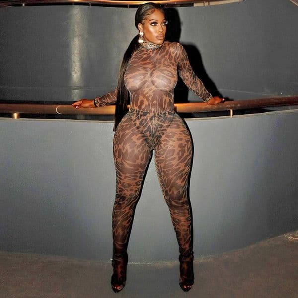 CUTENOVA Women Leopard Print Mesh SeeThrough Set High Neck Long Sleeve BodysuitSkinny Stocking Pants Causal Streetwear 250714
