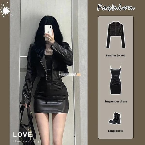 2024 Autumn Womens Cropped Leather Jacket Tank Dress Slimming Bodycon Skirt Trendy Fashionable Female Set 250707