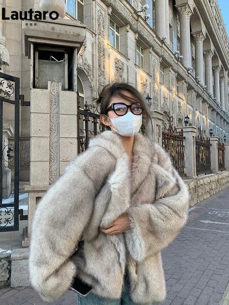 Lautaro Autumn Winter Oversized Loose Casual Soft Thick Warm Hairy Faux Fox Fur Coat Women Long Sleeve Fluffy Jacket 250717