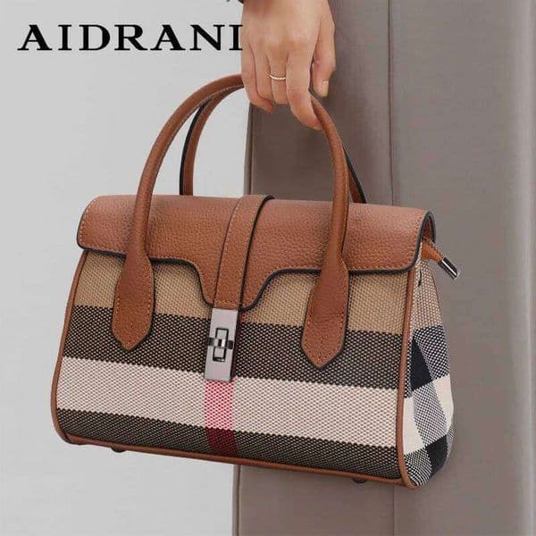 Aidrani Classic plaid women's bag, large capacity handbag, canvas patchwork cowhide shoulder bag