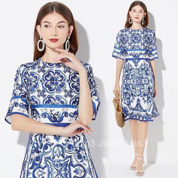 484 Summer New Womens Fashion Printed Round Neck Slimming High Waist Dress with Mid Sleeve A-line Skirt
