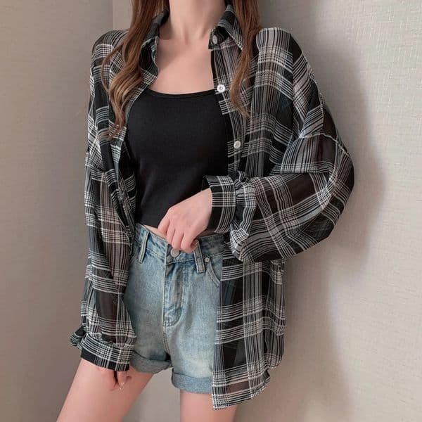 Sheer Chiffon Plaid Shirt for Women Ovesized Collared Buttondown Blouse Summer Laides Slouchy Casual Outfit 250717