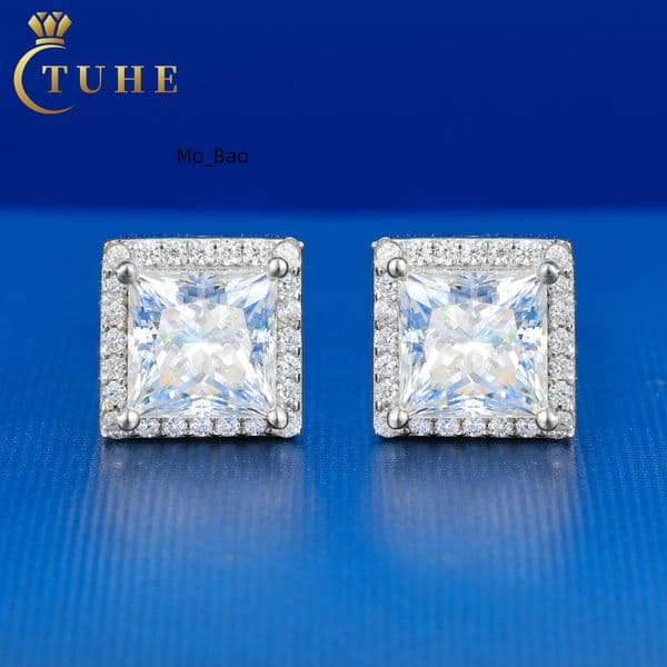 Fine Jewelry 925 Sterling Silver Lab Created 4.5mm-6mm Princess Cut Moissanite Diamond Square Geometric Stud Earrings for Men