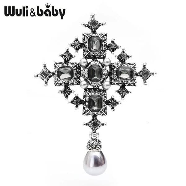Cross Brooches Unisex Women Vintage Crystal Simualted-Pearl Royal Suit Pins Jewelry Gift 250715